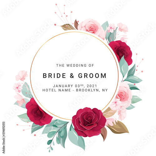 Flowers vector. Floral frame decoration illustration of red and peach rose flowers, leaves, branches. Romantic botanic elements for wedding, greeting, valentine card design