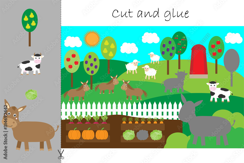 Farm animals cartoon, education game for the development of preschool children, use scissors and glue to create the applique, cut parts of the image and glue on the paper, vector illustration