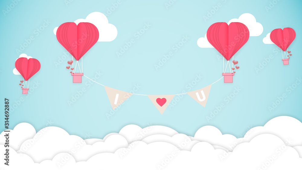 Card for Saint Valentine's Day. Air balloons shaped heart in top of clouds. Copyspace. Modern artwork, bright wallpaper. Flyer for your device, design or advertisement. Romantic, love concept.