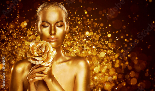 Gold Skin Body Art, Golden Woman Beauty Portrait with Flower, Fashion Bodyart Make Up