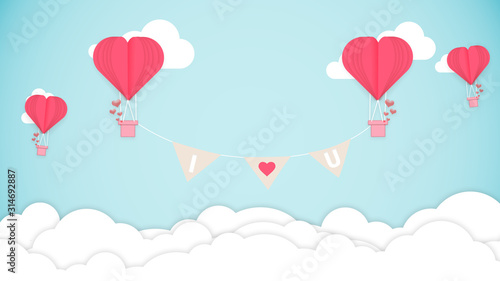 Card for Saint Valentine's Day. Air balloons shaped heart in top of clouds. Copyspace. Modern artwork, bright wallpaper. Flyer for your device, design or advertisement. Romantic, love concept.