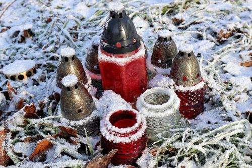 Lanterns in the snow winter time photo