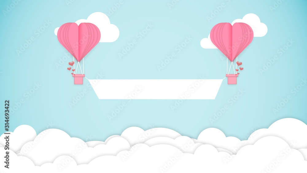 Card for Saint Valentine's Day. Air balloons shaped heart in top of clouds with banner. Copyspace. Modern artwork, wallpaper. Flyer for your device, design or advertisement. Romantic, love concept.