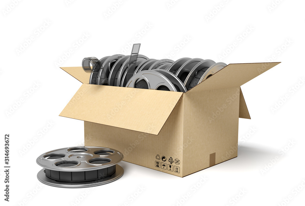 3d rendering of cardboard box full of film reels with one reel beside box.  Stock Illustration