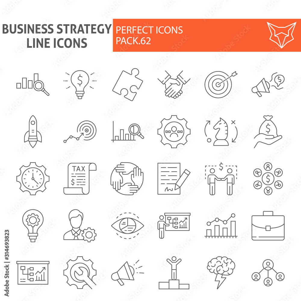 Business strategy thin line icon set, finance symbols collection, vector sketches, logo illustrations, strategy icons, business signs linear pictograms package isolated on white background, eps 10.
