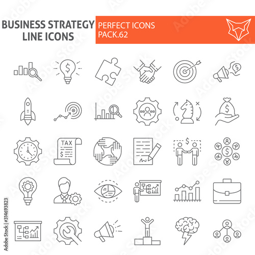 Business strategy thin line icon set, finance symbols collection, vector sketches, logo illustrations, strategy icons, business signs linear pictograms package isolated on white background, eps 10.