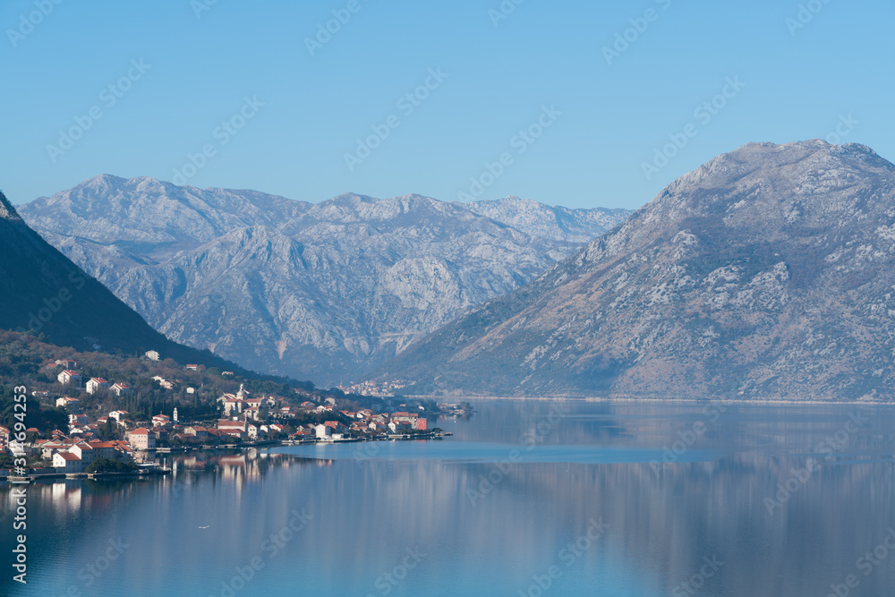 View of seaside town of Prcanj in winter, Montenegro.
