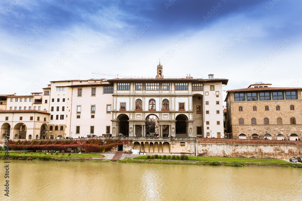 Florence, Tuscany Italy. Cityscape with buildings of the Gallery Uffizi on the Arno river shore.