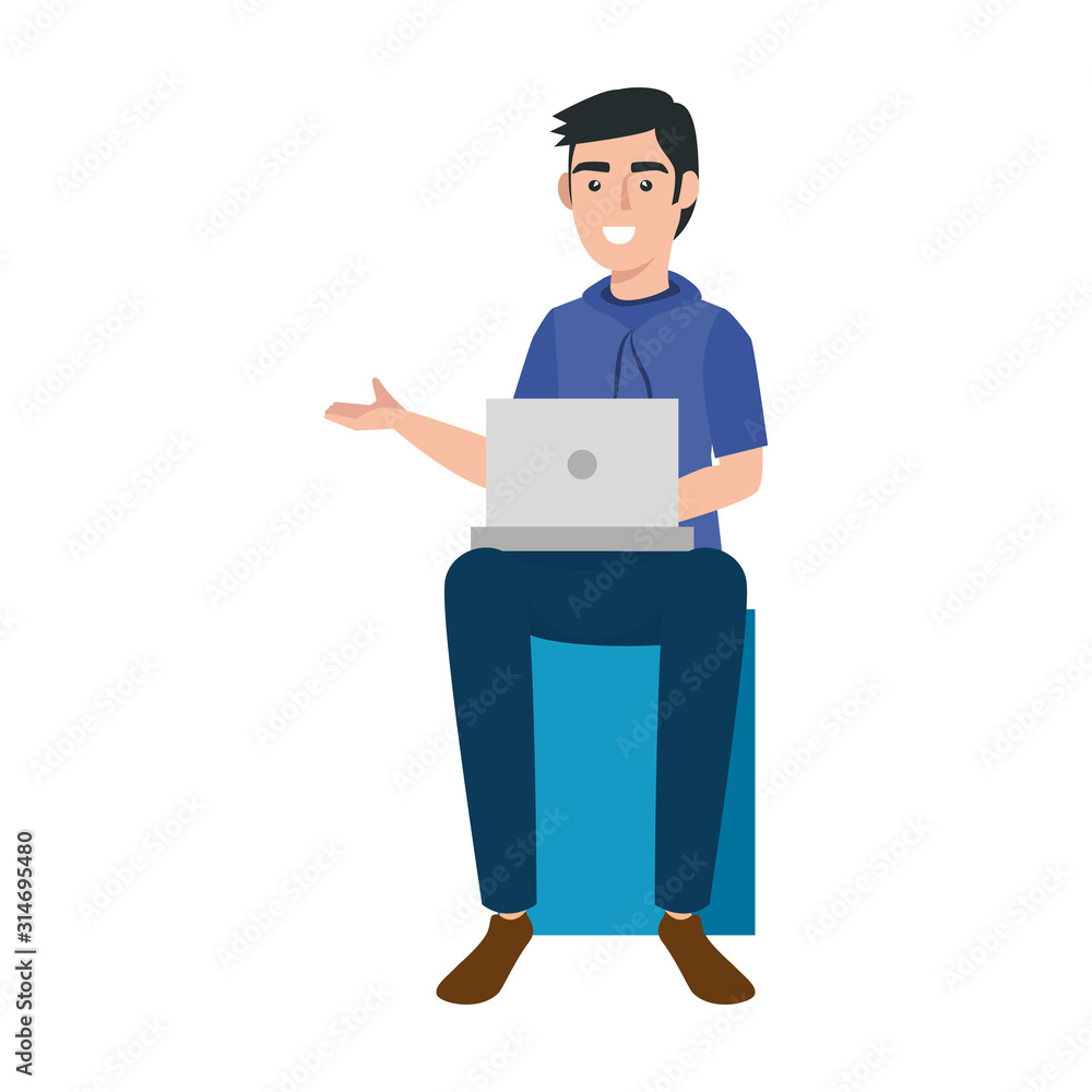 young man with laptop avatar character icon vector illustration design