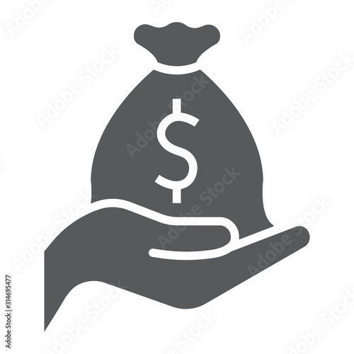 Investment glyph icon, business and finance, money bag on hand sign, vector graphics, a solid pattern on a white background, eps 10.