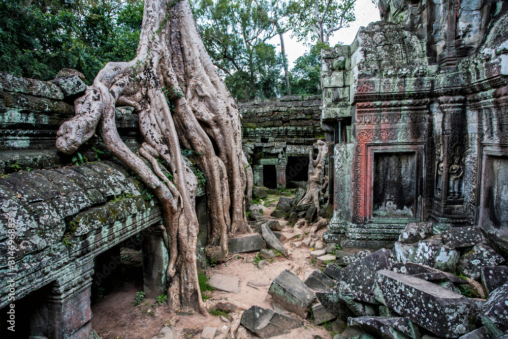 Temples of Angkor Wat where the jungle has partially overgrown the ruins near the city of Siem Reap in Cambodia Temples of Angkor Wat where the jungle has partially overgrown the ruins near the city of Siem Reap in Cambodia