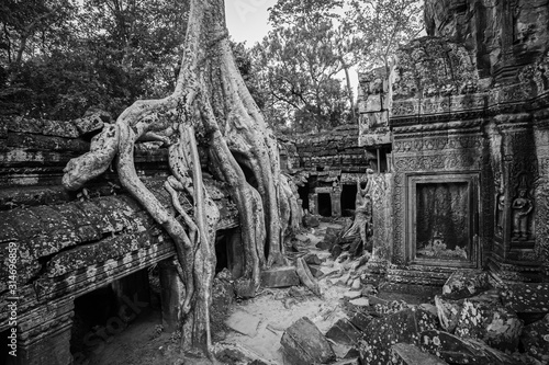 Temples of Angkor Wat where the jungle has partially overgrown the ruins near the city of Siem Reap in Cambodia