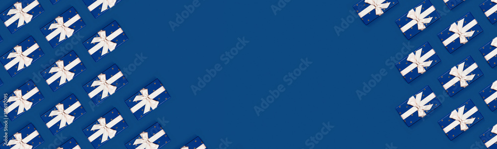 Celebration web-banner. Blue gift boxes on classic blue background. Flat lay, top view, copy space. Celebration web-banner. Blue gift boxes on classic blue background. Flat lay, top view, copy space.