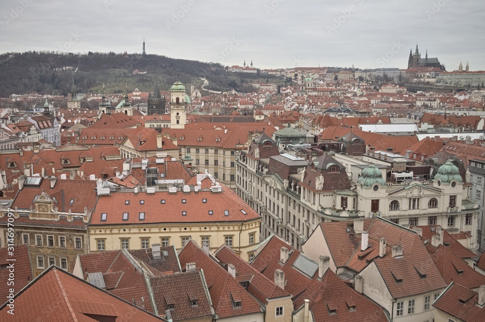 Cityscape of Prague: panoramic view of the roofs of the city (Prague, Czech Republic, Europe)
