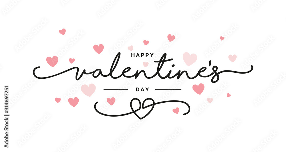Valentines Day black handwritten typography with pink hearts isolated white background
