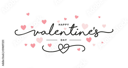 Valentines Day black handwritten typography with pink hearts isolated white background photo