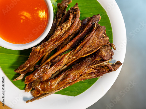 Deep fried ducks beak with chilli sauce