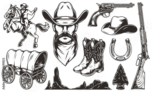 Vintage wild west elements set
