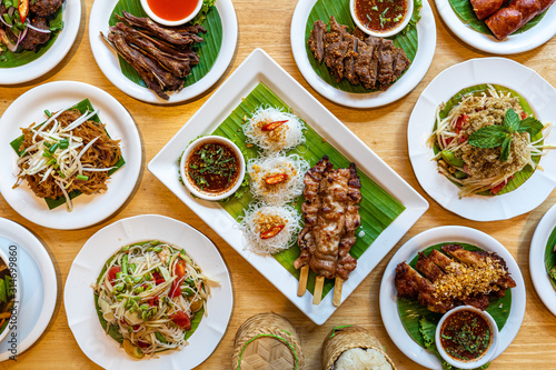 Vary of northeast Thailand(Isan) dish on the wood table