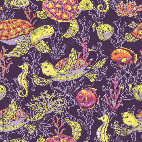 Vintage sea life natural seamless pattern, underwater vector texture