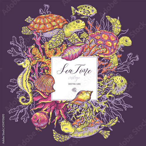Vintage sea life natural greeting card, underwater vector illustration