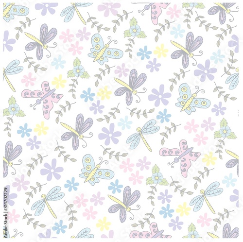 Spring butterflies, dragonfly and flowers seamless pattern.