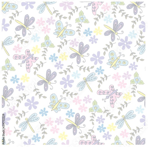 Spring butterflies, dragonfly and flowers seamless pattern.