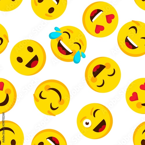 Emoticon seamless pattern. Emotions cartoon emojis background. Funny cute faces cartoon kid vector wallpaper with emotional portrait head character