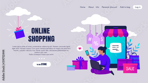 Online shopping. Cartoon people characters making online orders and buying via internet, e-commerce concept. Vector landing page with flat image smartphone and women in internet discounts shop photo