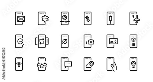 Phone line icons. Mobile device notification and adjustment, wireless pay and secure private data. Vector switch icon smartphone outlines app set for search text notification email
