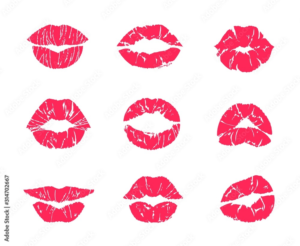 Vecteur Stock Lipstick kiss. Female mouth makeup, woman lips red grunge