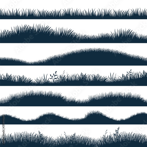 Grass silhouette. Horizontal hills with plants and weed, cartoon wavy meadow and grassland. Vector black marsh set, natural lawn to decoration edge field or background elements