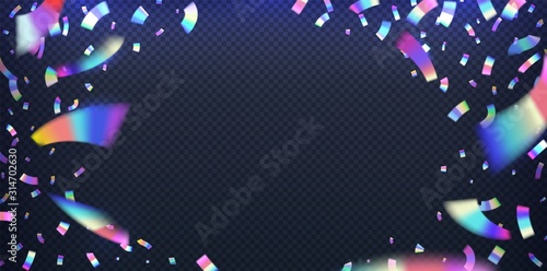 Neon foil. Glitter metal foil effect, hologram iridescent confetti with pink and blue neon light. Vector rainbow shiny glitch, falling confetti blurred ribbons on transparent background