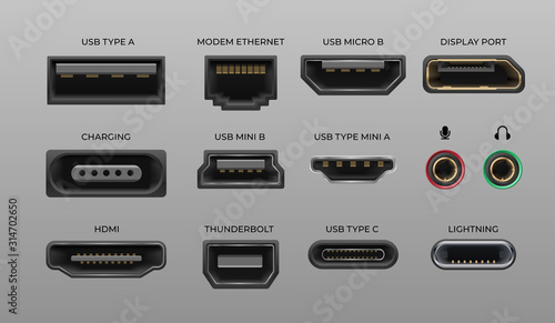 Connector and ports. USB type A and type C, video ports hand drawnMI DVI and Displayport, audio coaxial, thunderbolt and lightning vector ports, universal elements pc connectors photo