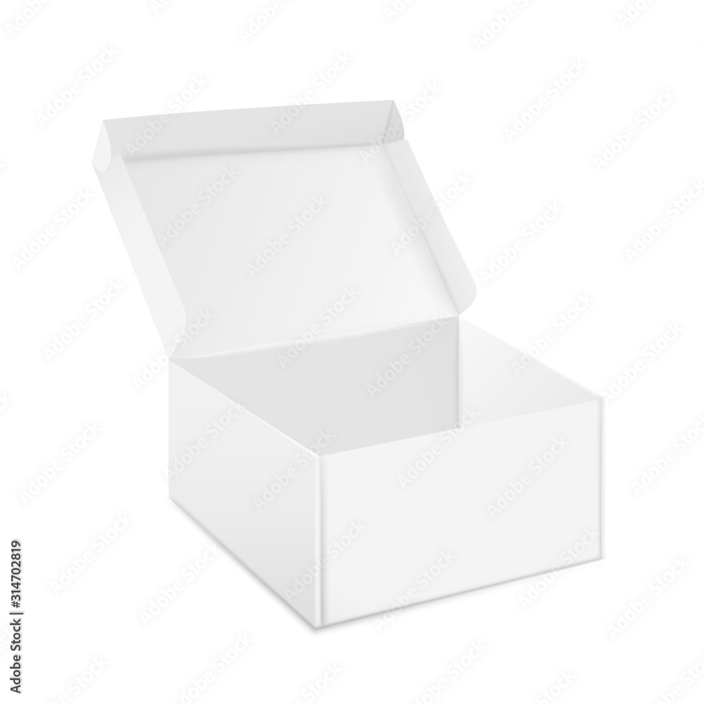 Boxes mockup. Open and closed realistic white cardboard package, paper gift box design template. Vector medicine and food product blank pack, mock up big carton box with lid Boxes mockup. Open and closed realistic white cardboard package, paper gift box design template. Vector medicine and food product blank pack, mock up big carton box with lid