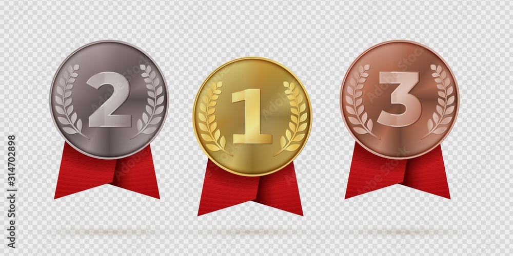 Gold, silver, bronze champion medal with red ribbon. First, second, third placement achievement bages. Realistic vector illustration medals of metal like symbol motivation or quality Gold, silver, bronze champion medal with red ribbon. First, second, third placement achievement bages. Realistic vector illustration medals of metal like symbol motivation or quality