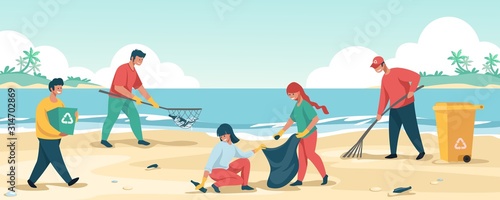 People cleaning beach. Cartoon characters collecting trash and save the environment. Vector concepts to clean garbage from trash and waste pollution scene eco volunteers photo