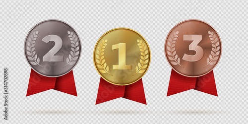 Gold, silver, bronze champion medal with red ribbon. First, second, third placement achievement bages. Realistic vector illustration medals of metal like symbol motivation or quality