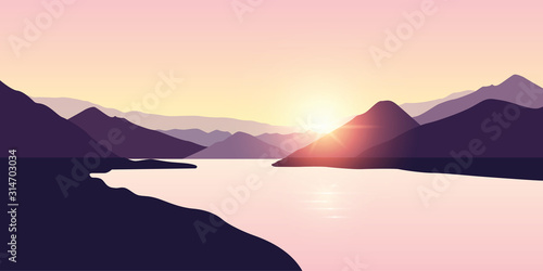 peaceful big river nature landscape at sunrise in purple colors vector illustration EPS10 © krissikunterbunt