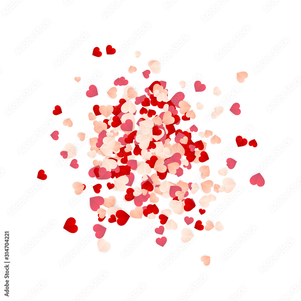 Happy Valentines Day background, paper red, pink and white hearts confetti. Vector illustration