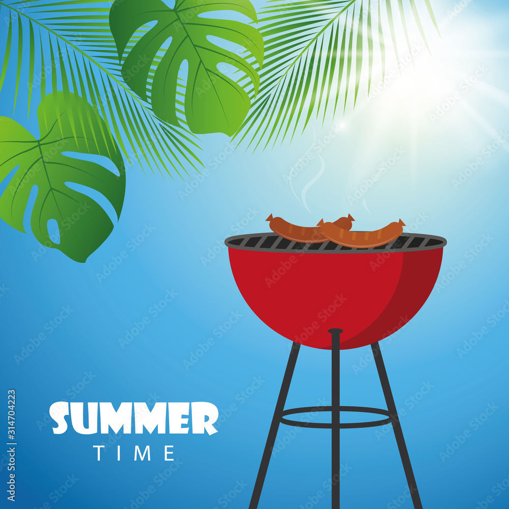 barbeque on a sunny summer day with palm leaf vector illustration EPS10