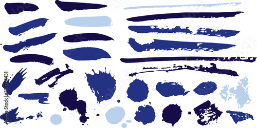 Vector blue artistic paint brush strokes and paint blob splatter elements. Suitable for your graphic design projects.