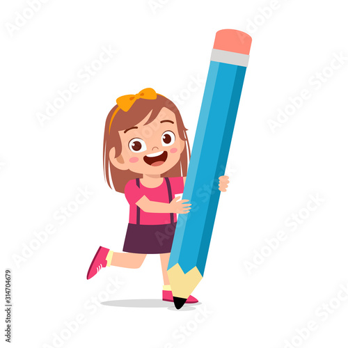 happy cute kid girl holding big pencil