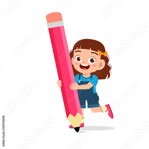 happy cute kid girl holding big pencil