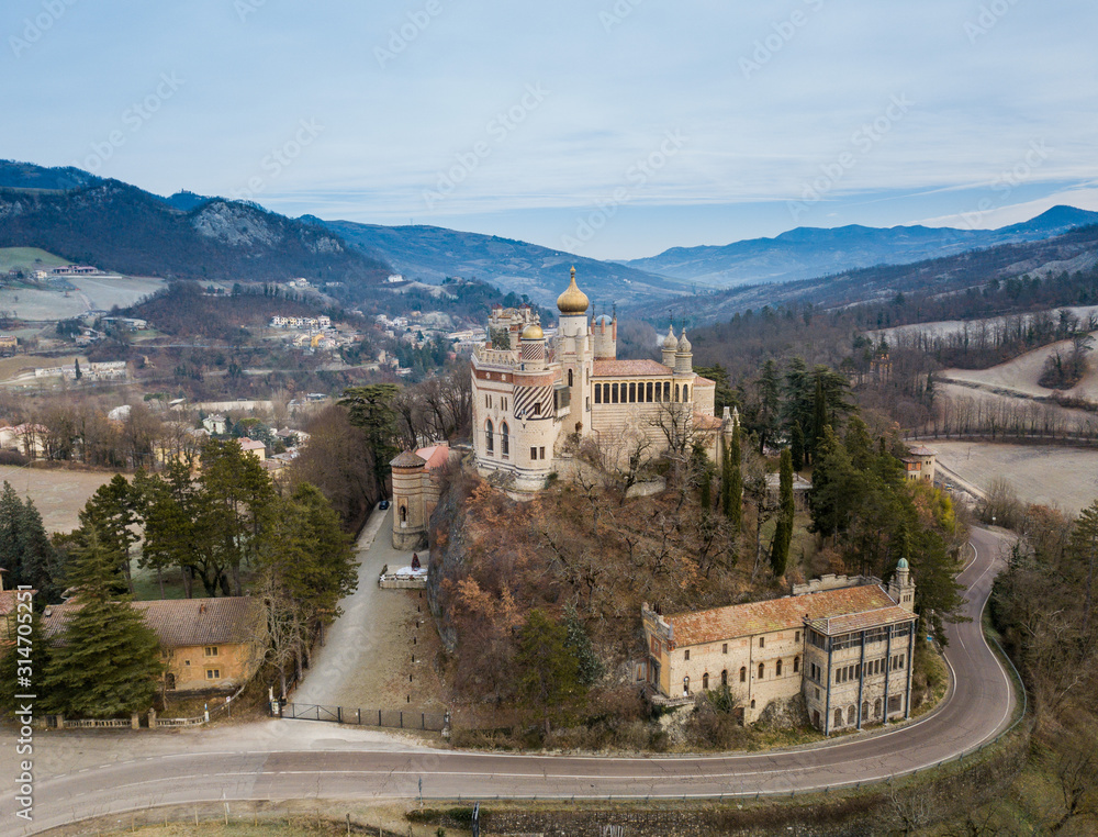 Fototapeta premium Aerial view of Castle of Rocchetta Mattei, Italy. One of the most unusual castles in the world