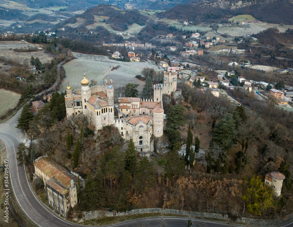 Aerial view of Castle of Rocchetta Mattei, Italy. One of the most unusual castles in the world