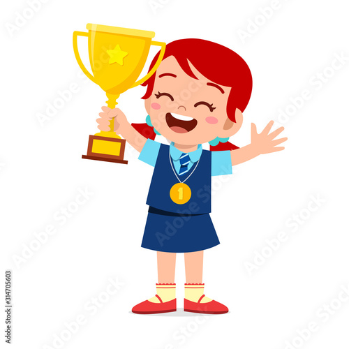 happy cute little kid girl holding trophy