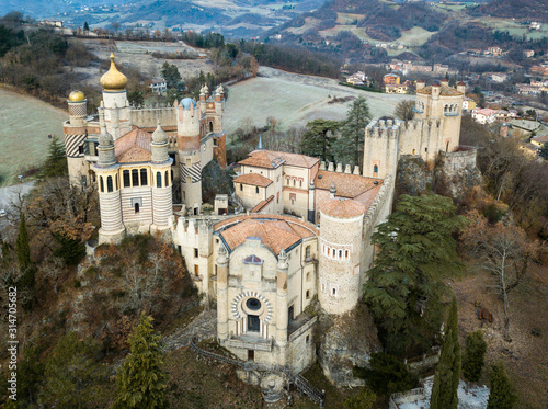 Aerial view of Castle of Rocchetta Mattei, Italy. One of the most unusual castles in the world