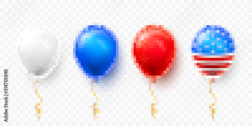 Helium balloons with American flag isolate on white background. Shine USA helium balloon festival decoration. Vector illustration