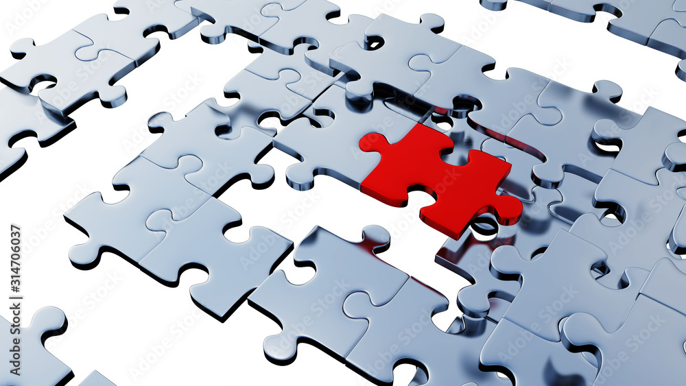 Obraz premium Several silver puzzle pieces placed soon with a red one piece between them